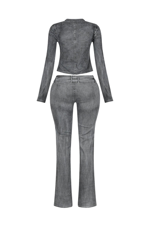 Euni Washed Denim Zip Up Top & Pants SET